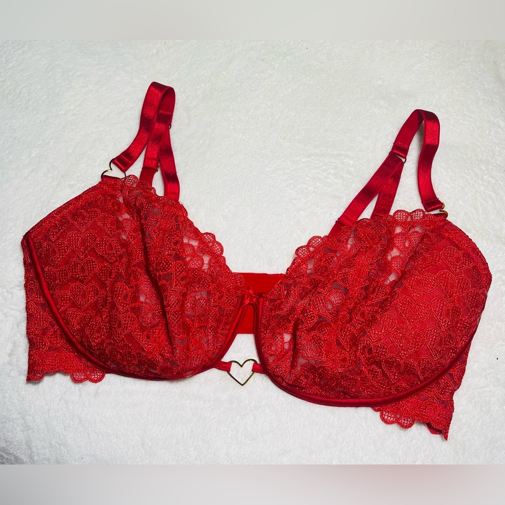 Victoria's Secret Red Lace Heart Underwire Bra Sz 38DDD F85